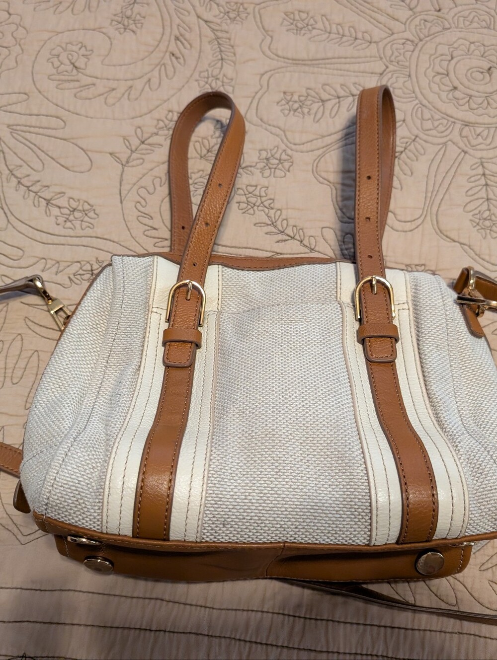 Fossil Cream and Tan Woven Shoulder Tote with Gold Hardware